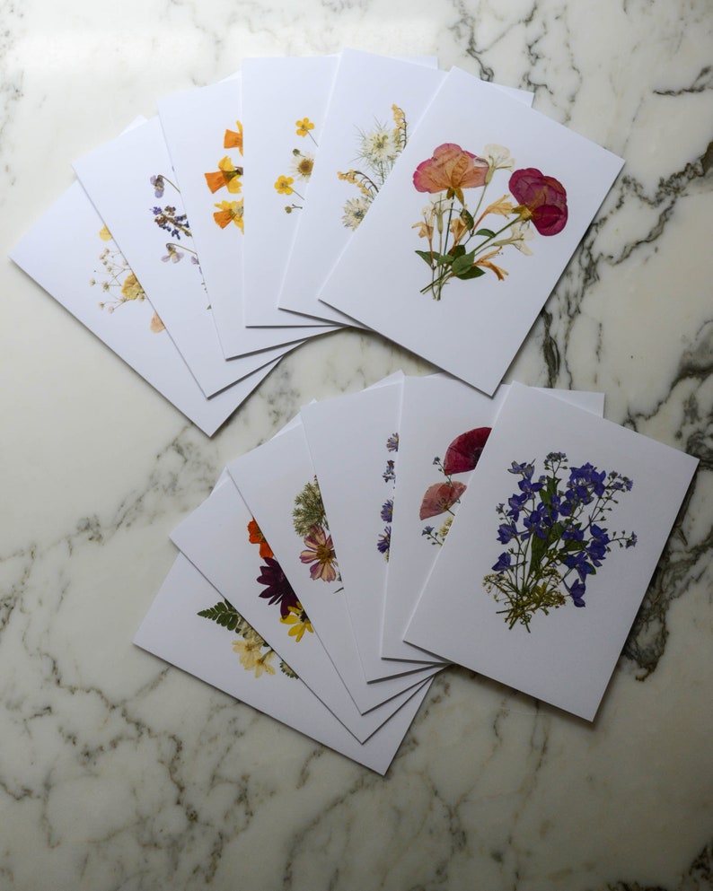 The Bouquet Collection Set of 6 or 12 Blank Greeting Cards with white linen envelopes Print reproduction of pressed flower designs image 2