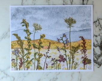 Mountain Autumn | Watercolor Flowerscape | Print artwork | 100% cotton rag paper | Watercolor Pressed Flowers Mixed Media Art Four Seasons