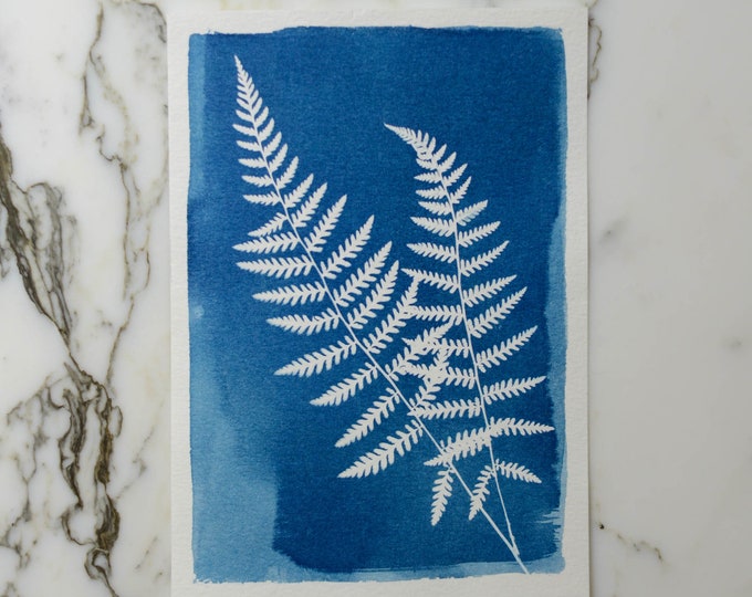 Fern Duo | Cyanotype Art, 5x7" Watercolor Paper | Sun Print, Blue Print, Botanical Art, Pressed Flowers, Photogram