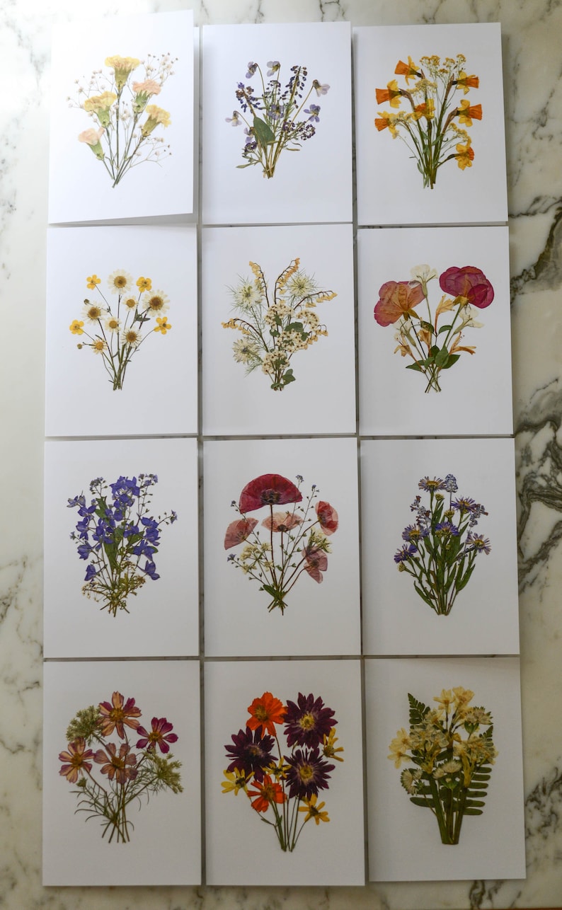 The Bouquet Collection Set of 6 or 12 Blank Greeting Cards with white linen envelopes Print reproduction of pressed flower designs image 9