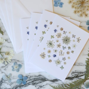 Jardin Flocons de neige | Cartes de vœux vierges des Fêtes avec enveloppes en lin blanc | Reproduction imprimée de motifs de fleurs pressées | 4,5x6 »