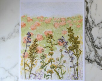 Pumpkin Patch | Watercolor Flowerscape | Print artwork | 100% cotton rag paper | Watercolor Pressed Flowers Mixed Media Art