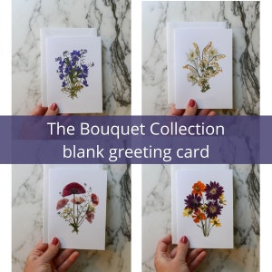 A coleção buquê | Único cartão em branco com envelope de linho branco | Reprodução impressa de desenho de flor prensada | 4,5x6"