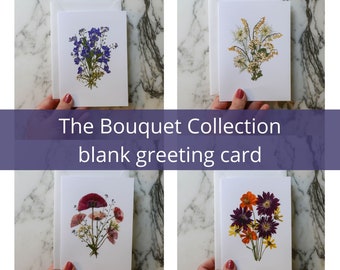 The Bouquet Collection | Single Blank Greeting Card with white linen envelope | Print reproduction of pressed flower design | 4.5x6"