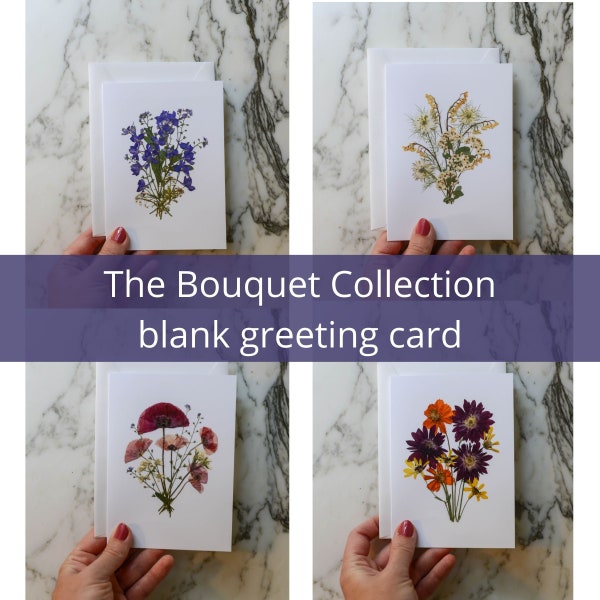 The Bouquet Collection | Single Blank Greeting Card with white linen envelope | Print reproduction of pressed flower design | 4.5x6"