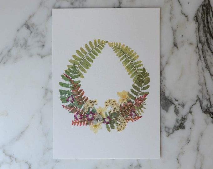 Wreath of Ferns | Print reproduction artwork of pressed flowers | 100% cotton rag paper | Seasonal Holiday Botanical artwork