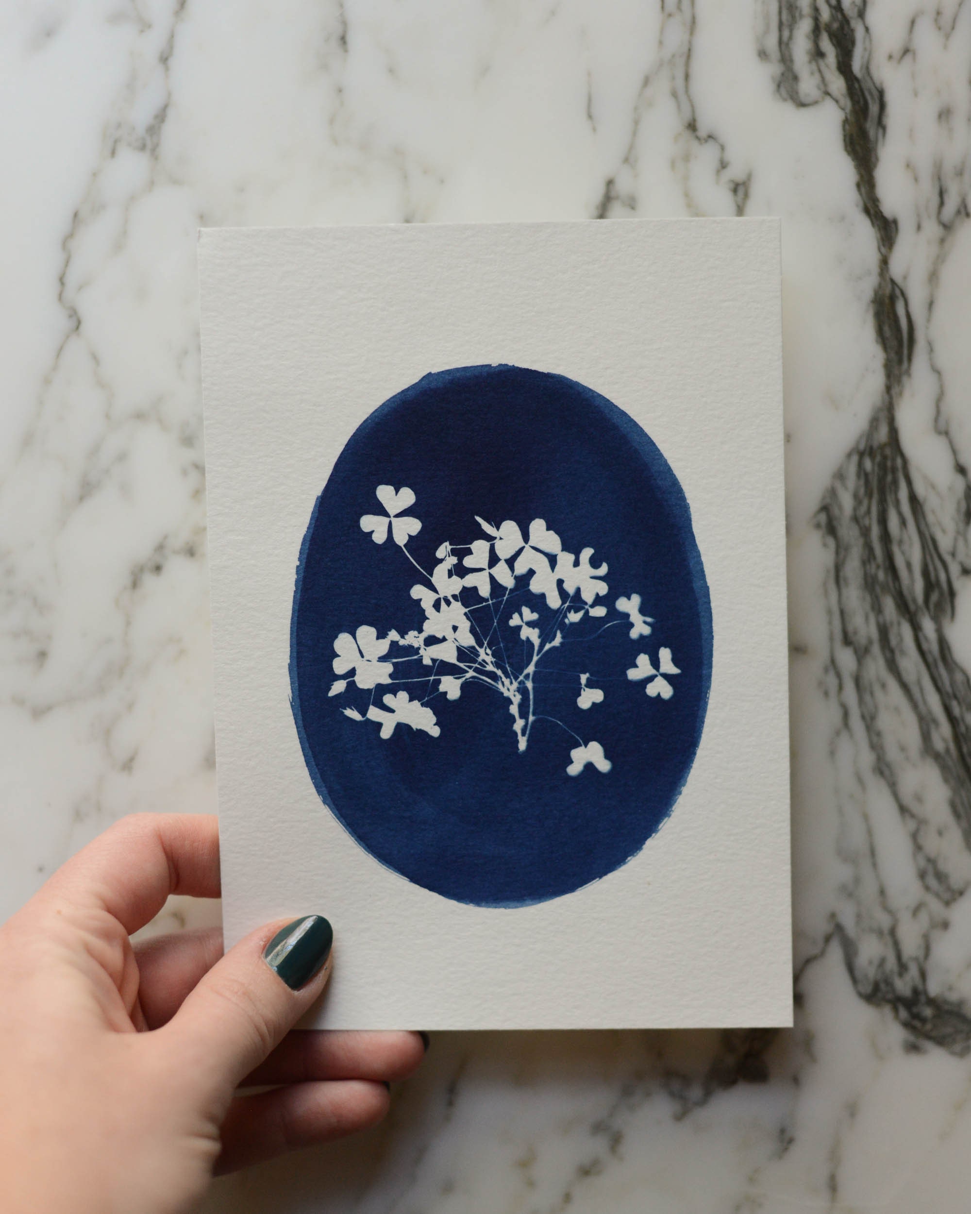 Flower Cameo, Shamrocks  Cyanotype Art, 5x7 Watercolor Paper