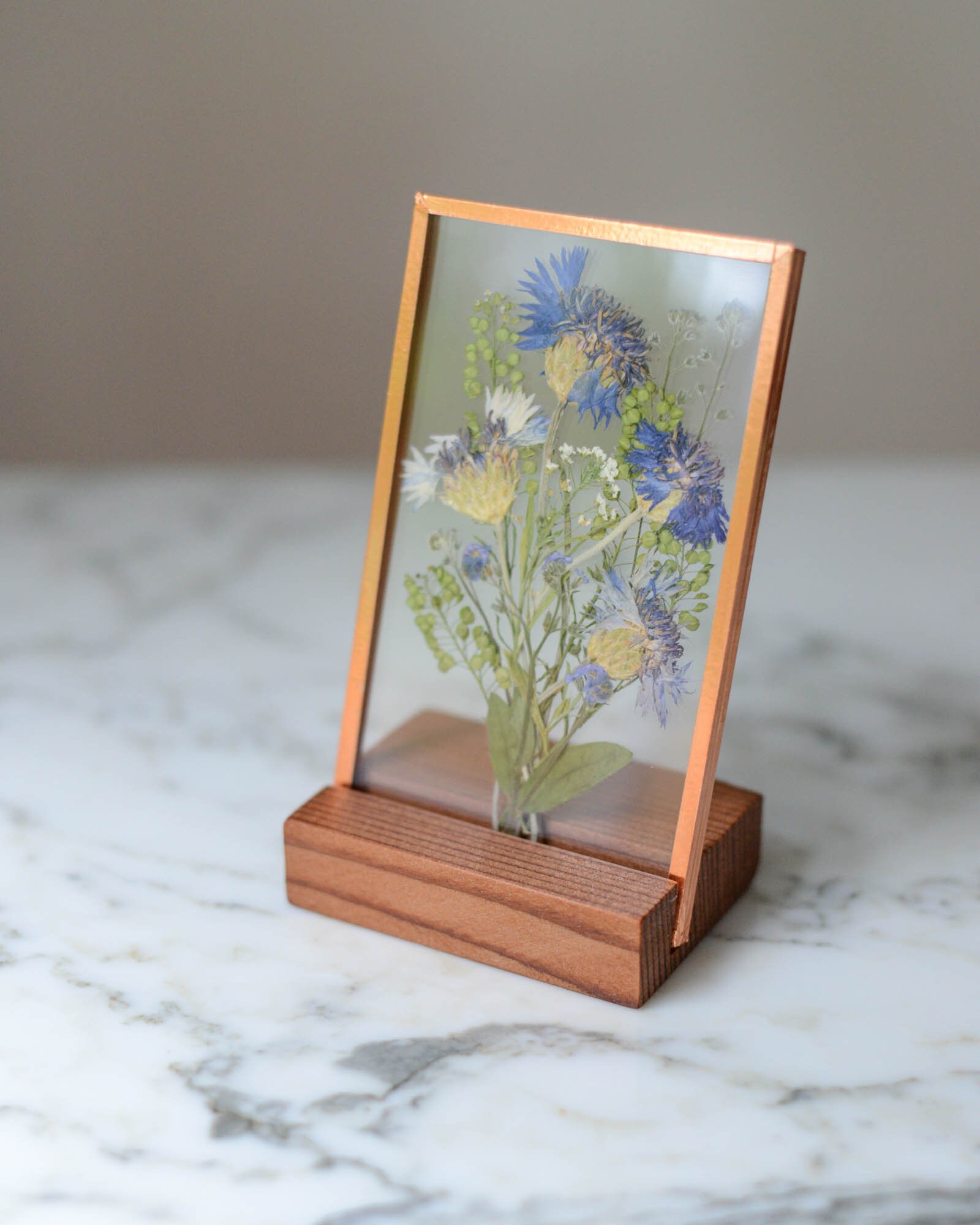 Real pressed flower art, cornflower posy bouquet, glass and copper frame  3x5 with redwood stand