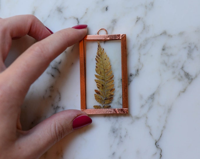 Tiny series: real pressed leaf ornament | yellow and brown fern | copper and glass rectangle | botanical wall decor