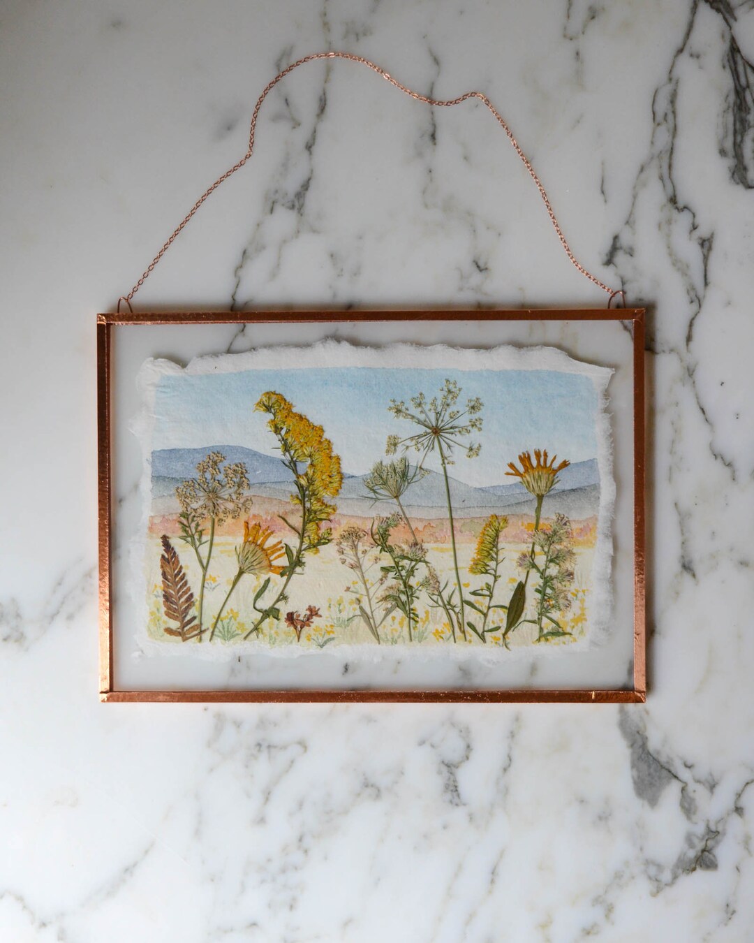 Watercolor Flowerscape Real Pressed Flower and Watercolor Wall Hanging