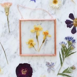 May include: A square, copper-framed glass art piece featuring pressed yellow daffodils. The frame is suspended by a delicate chain. Surrounding the frame are various dried flowers in shades of purple, white, and blue, arranged on a marble surface.