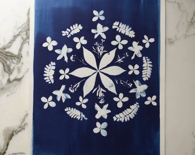 Spring Mandala | Cyanotype Art, 12x18" Watercolor Paper | Sun Print, Blue Print, Botanical Art, Pressed Flowers, Photogram
