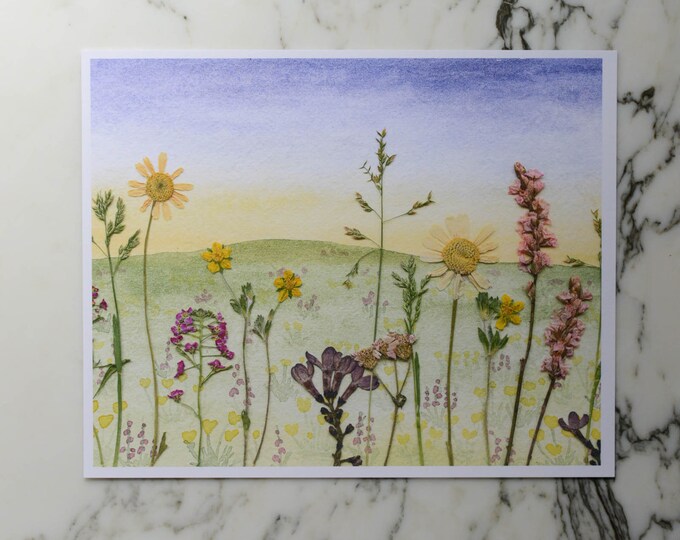 First Light | Watercolor Flowerscape | Print artwork | 100% cotton rag paper | Watercolor Pressed Flowers Mixed Media Art