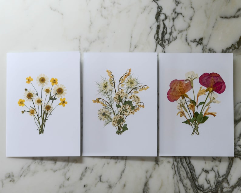 The Bouquet Collection Set of 6 or 12 Blank Greeting Cards with white linen envelopes Print reproduction of pressed flower designs image 4