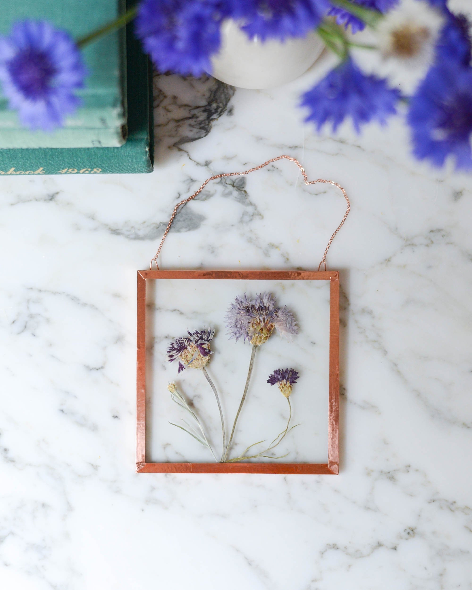 Real pressed flower art, cornflower posy bouquet, glass and copper frame  3x5 with redwood stand