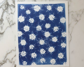 Nigella | Cyanotype Art, 8x10" Watercolor Paper | Sun Print, Blue Print, Botanical Art, Pressed Flowers, Photogram