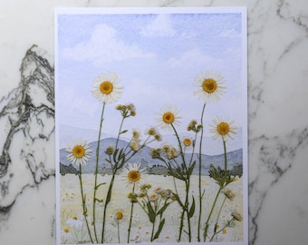 Mountain Daisies | Watercolor Flowerscape | Print artwork | 100% cotton rag paper | Watercolor Pressed Flowers Mixed Media Art