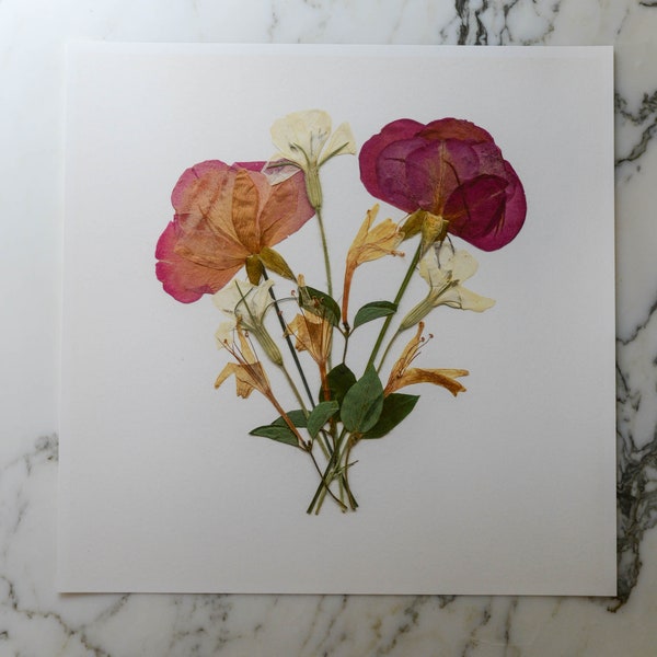 The June Bouquet | Print artwork of pressed flowers | 100% cotton rag paper | Birth month flowers, Botanical artwork, Nursery Art