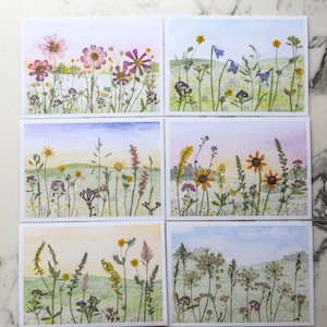 Set of Watercolor Flowerscapes Cards | Blank Greeting Cards with natural envelopes | Print reproduction of pressed flower design