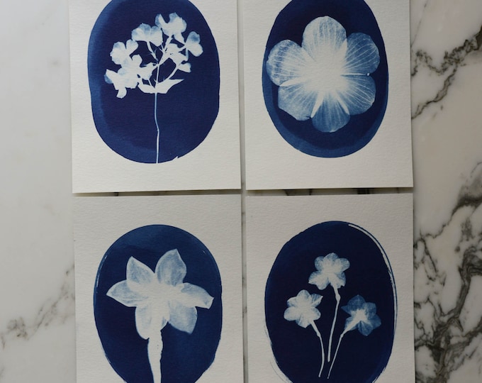 Spring Flower Cameos 2 | Set of 4 Cyanotype Art, 5x7" Watercolor Paper | Sun Print, Blue Print, Botanical Art, Pressed Flowers, Photogram
