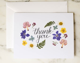 Thank You | Blank Greeting Card with white linen envelopes | Print reproduction of pressed flowers | 5.5x4.25"