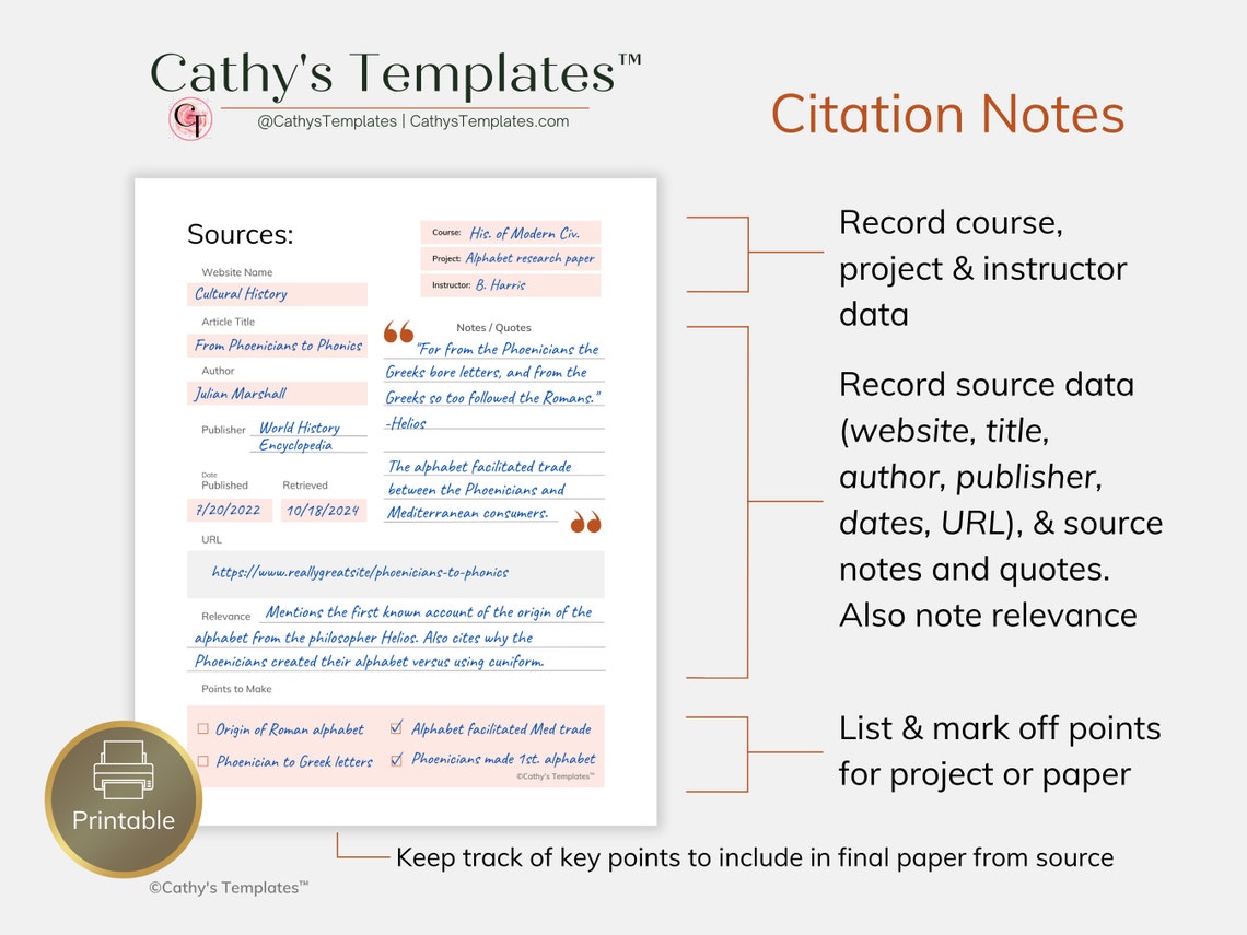 Printable citation planner university notes, college notes, study notes - Cathy's Templates