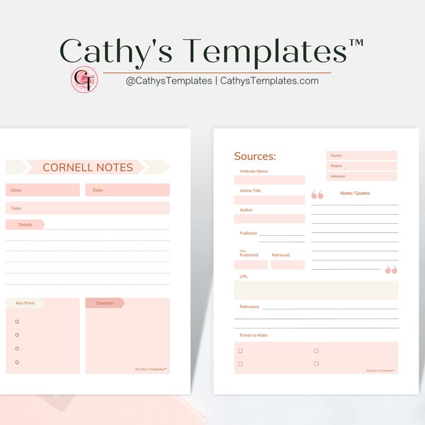 Cornell Notes & Source Citation Notes Printable | Printable Citation Notes | Printable Cornell Notes | Research Paper Sources Notes | School