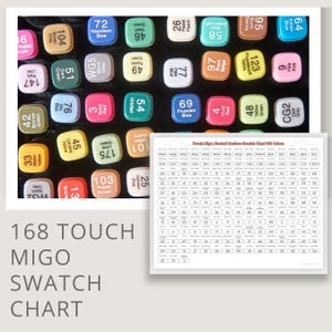 Puede incluir: Una tabla de muestras para 168 rotuladores de alcohol Touch Migo. La imagen muestra una cuadrícula de colores de rotuladores con números y nombres correspondientes, y una tabla de colores. El texto "168 TOUCH MIGO SWATCH CHART" se muestra.