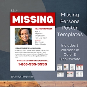 Missing Persons Poster Templates Missing Person Flyer Poster for Missing Person 8.5x11 Portrait and Landscape Law Enforcement Posters image 1