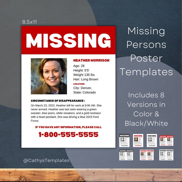 Missing Persons Poster Templates | Missing Person Flyer | Poster for Missing Person 8.5x11 Portrait and Landscape | Law Enforcement Posters