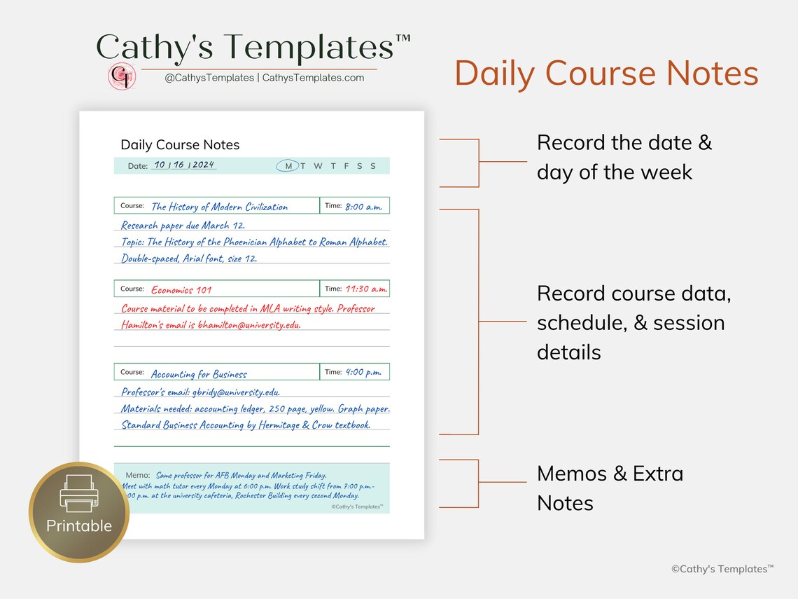 Printable university notes, college notes, study notes - Cathy's Templates