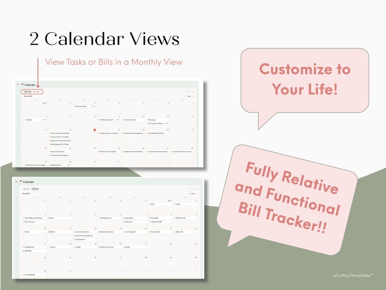 overwhelmed by notion? try this simple life dashboard for beginners. image shows 2 calendar views for the to do section and the bill tracker section