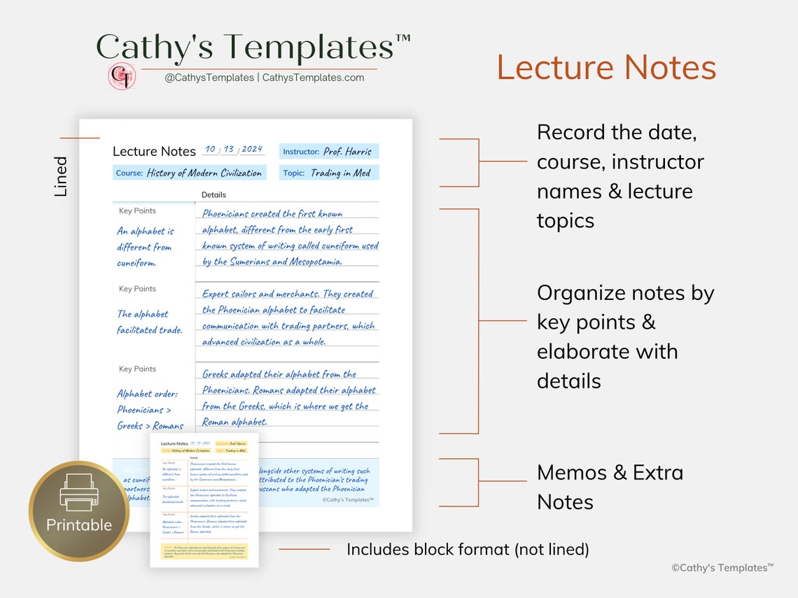 Printable university notes, college notes, study notes - Cathy's Templates