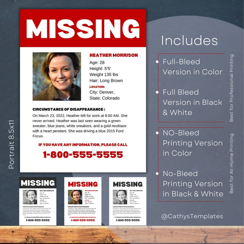 Missing Persons Poster Templates Missing Person Flyer Poster for Missing Person 8.5x11 Portrait and Landscape Law Enforcement Posters image 2