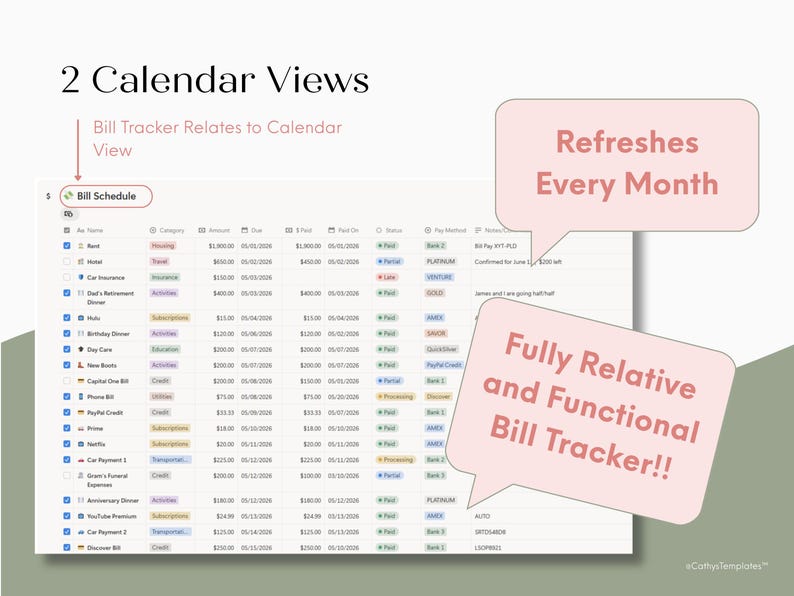overwhelmed by notion? try this simple life dashboard for beginners. image shows a details bill tracker in notion with categories, due dates, date paid, payment method, and more
