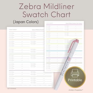 Puede incluir: Un gráfico de muestras imprimible de Zebra Mildliner en colores de Japón. El gráfico presenta filas para muestras de color y un bolígrafo Mildliner rosa y blanco. El texto "Printable" está en un círculo dorado. El texto "Zebra Mildliner Swatch Chart" está en la parte superior.