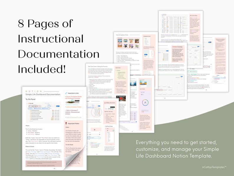 overwhelmed by notion? try this simple life dashboard for beginners comes with 8 pages of instructional documentation. 8 pages of documentation appear stacked against each other.