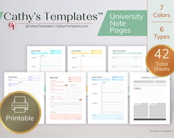 Printable Student Note Pages Multicolor| Lecture Notes | Cornell Notes | Study Notes | Student Planner | Citation Organizer | Binder Pages