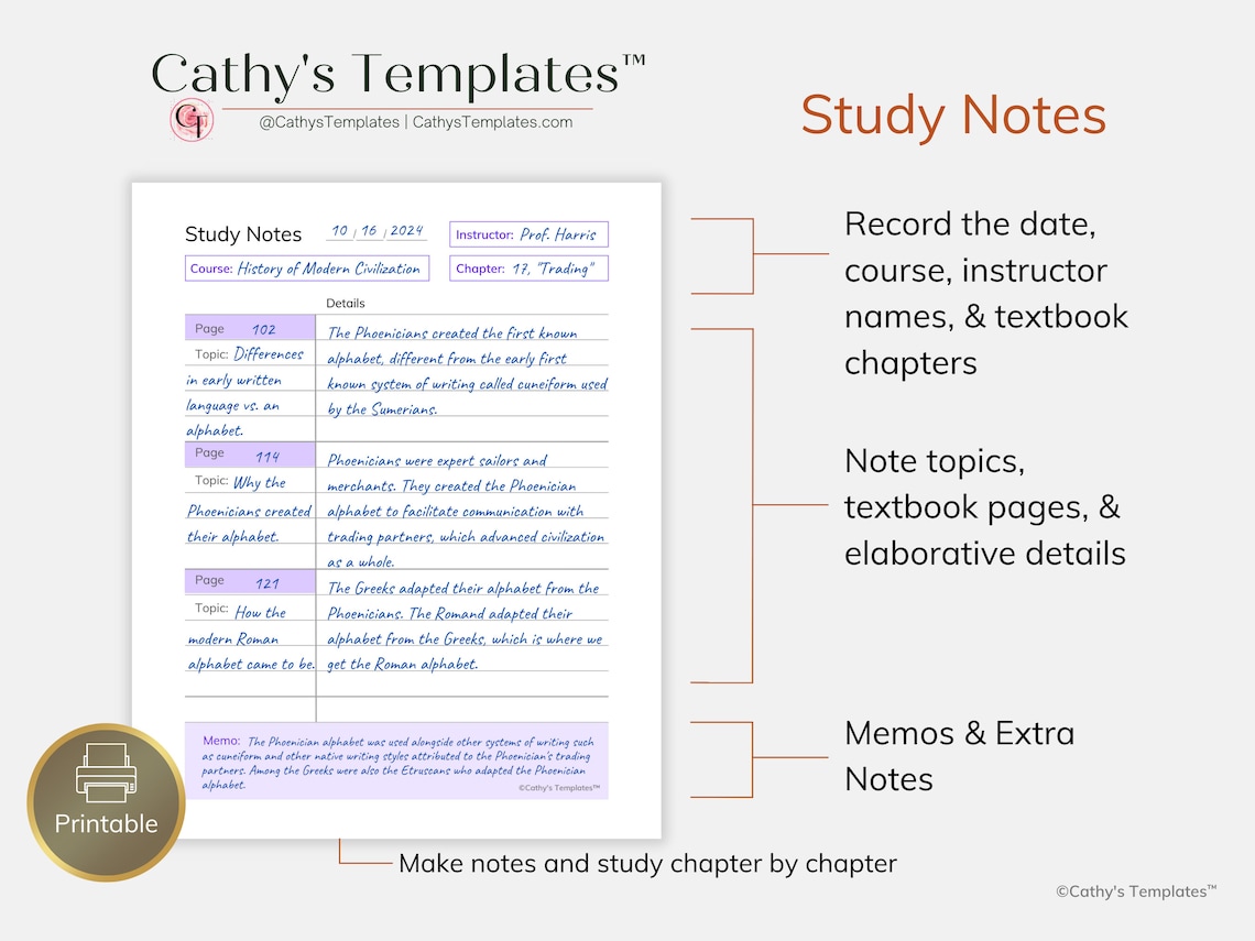 Printable university notes, college notes, study notes - Cathy's Templates