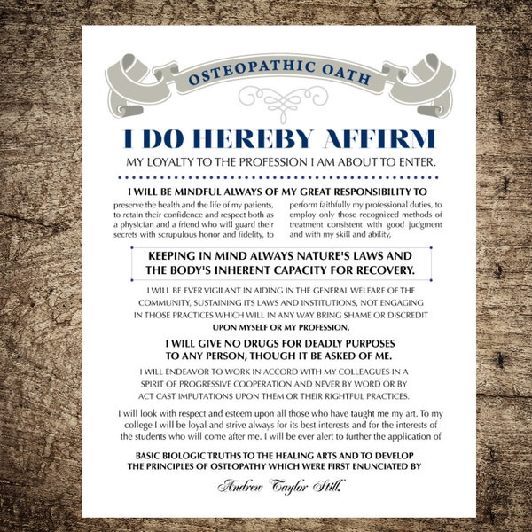 Osteopathic Doctor's Oath | Alternative Medicine Wall Print | Holistic Doctor's Print