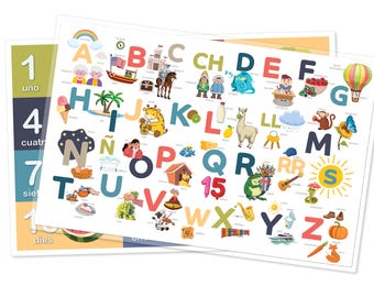 Spanish Alphabet ABC 123 Colors Shapes Weather Kids Laminated Placemat, Learn Spanish for Kids