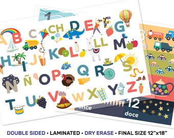 Spanish Alphabet ABC Kids Laminated Placemat, Learn Spanish for Kids