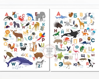 Russian & English Animals Alphabet ABC Posters | Russian Nursery Decor Wall Art