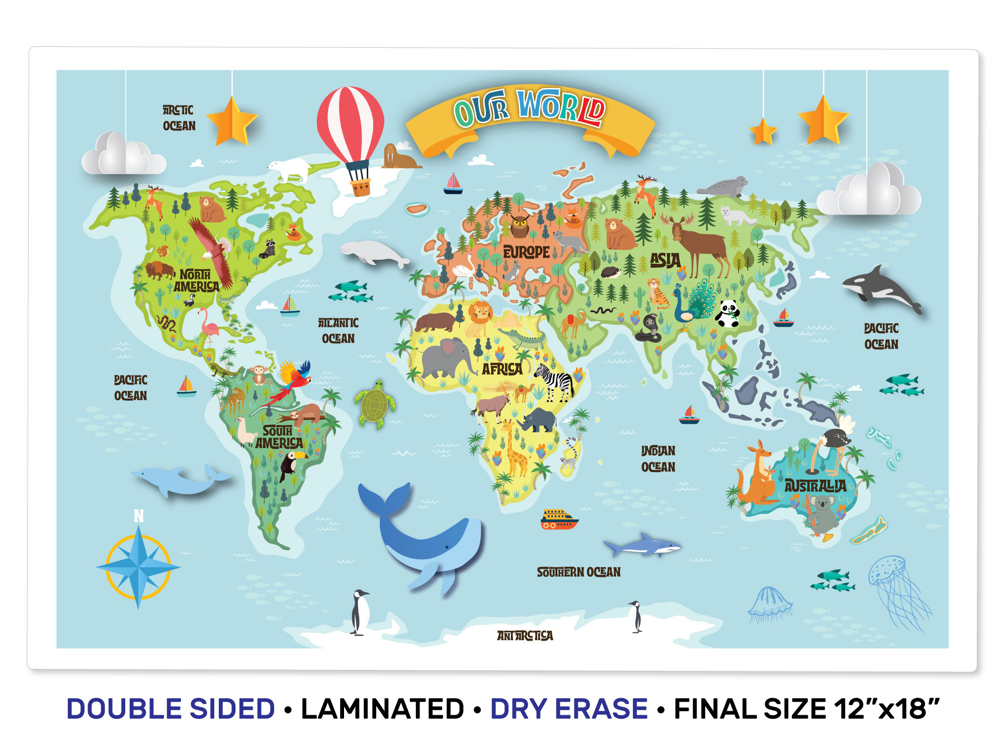 Kids World Map & USA Map Educational Laminated Placemat Etsy