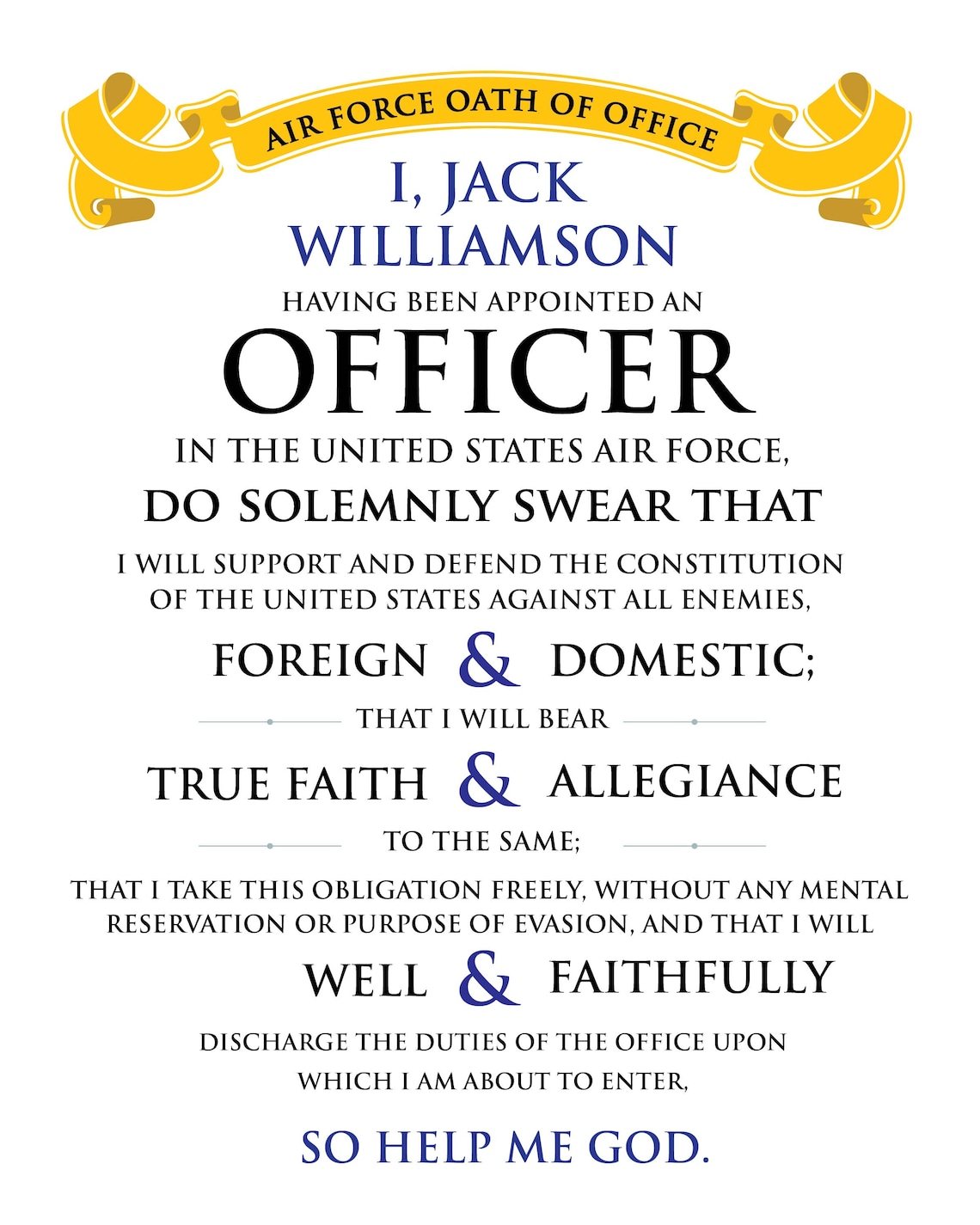 Military Officer's Oath of Office Air Force Oath of Etsy