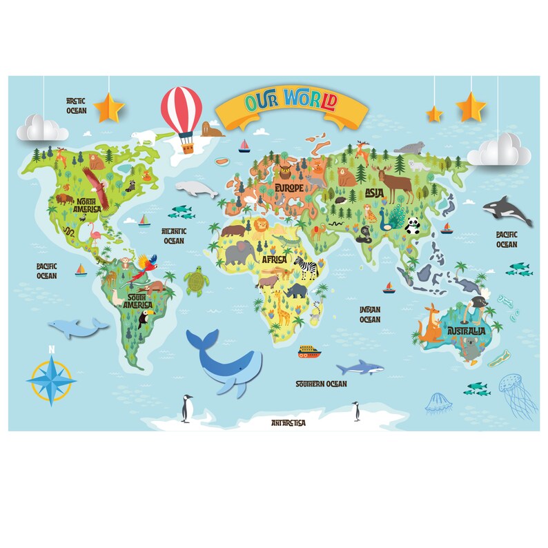 Children's World Map Poster Chart with Pictures Kids Map Etsy