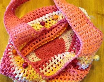 Hand crochet cotton market bag with beads, marketbag