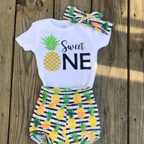 Sweet One Pineapple Theme First Birthday Outfit- Baby Girl Summer Pineapple Bummie Shorts Bodysuit