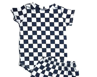 Checkered Toddler Outfit: Black & White Race Car Shorts Set