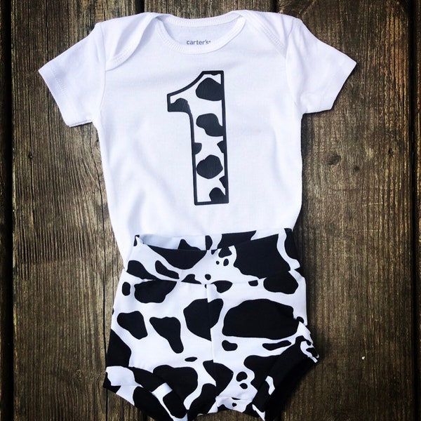 First birthday Cow Theme, Cow Print Shorts, One Bodysuit, Farm Theme Outfit, Baby First Birthday Farmer